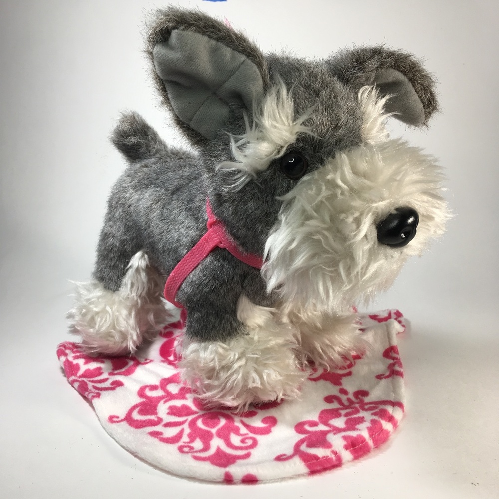 Battat Toy SCHNAUZER Dog Stuffed Animal Plush Pink Bow, Leash, Jacket 8"w x 10"L